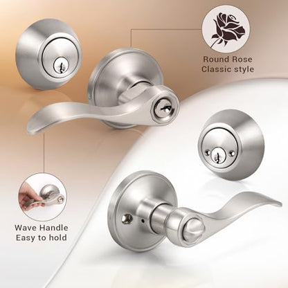 Knobonly 3 Sets of Wave Style Entry Door Handle Set with Double Cylinder Deadbolt in Satin Nickel Finish, Keyed on Both Sides, All Keyed Alike Combo Pack - color: Satin Nickel, size: 3 Pack, style: Double Cylinder