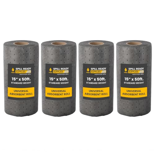 (4 Rolls) Universal Absorbent Mat Roll 15" x 50' - Absorbs Up to 6 gal. per roll, Perforated Industrial Sorbent Mat Roll for Oil, Coolant & Water - Gray Absorbent Pad for Shops - color: 15" x 50' Standard Roll, size: 4