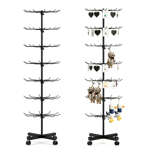 7-Tier Heavy Duty Rotating Display Rack with Wheels, Metal Floor Spinner Stand for Retail Store, Adjustable Keychain & Jewelry Display Shelves for Craft Fair & Showroom