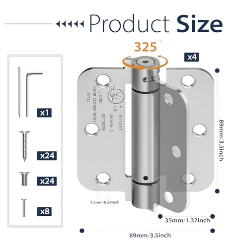 4-Pack 3.5 Inch Self Closing Door Hinges,5/8" Radius Corners,Brushed Nickel - size: 3.5"-4 Pack-5/8" Corner