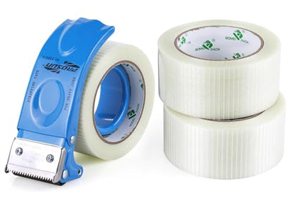 BOMEI PACK 3Rolls Filament Strapping Tape 2Inch with Dispenser, Heavy Duty Fiberglass Reinforced Packing Tape for Shipping, Cross Bi Directional Filanent Tape 2inch x 30Yds x 5.9Mil, Total 90Yds