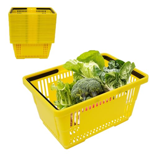 12Pcs Plastic Shopping Baskets with Handles, 18L Stackable Grocery Basket Bulk, Durable Plastic Shopping Cart, Large Portable Store Baskets for Retail Store Supermarket Supplies,17" x 12" x 9" - color: Yellow