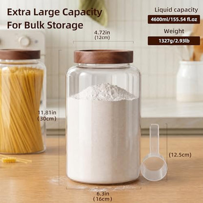 Joypeace 2 Pack 1.2 Gallon Large Glass Jars with Airtight Screw-On Lids, 155 oz Food Storage Containers, Large Canisters for Flour, Rice, Sugar, and Dry Goods to Organize Your Kitchen Pantry