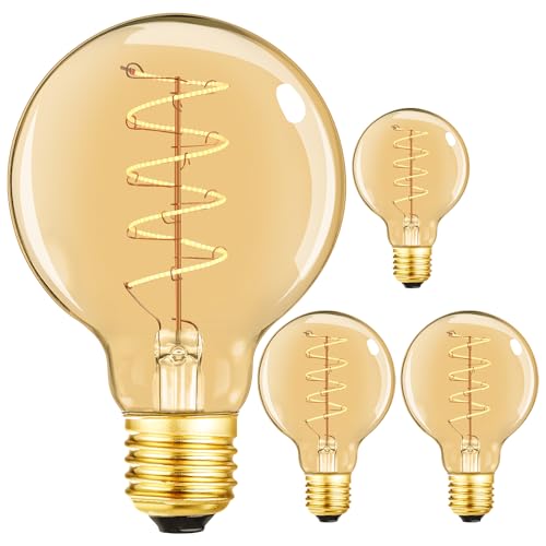 Leools Vintage LED Spiral Filament Bulb G25/G80 Dimmable Flick-Free 6W CRI95 LED Edison Globe Light Bulb E26 Base,Amber Glass,Warm White,2200K, 400LM(40W Equivalent), Pack of 4 - style: G25-4.72in