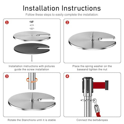 2Pack Stanchions with Retractable Belt and 2Pcs Hemp Rope (Silver) - color: Silver