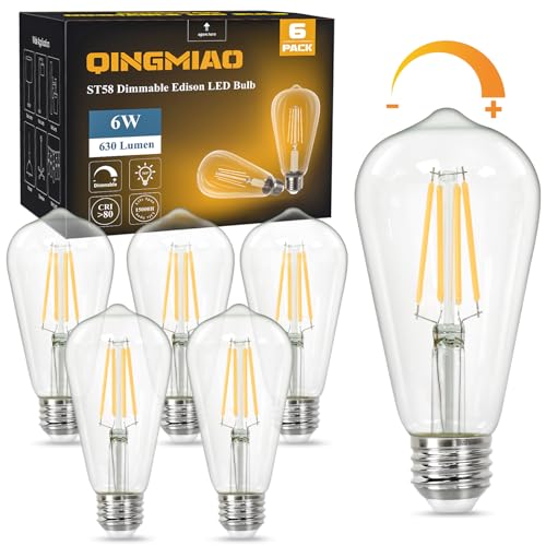 Qingmiao Vintage LED Edison Bulbs, ST58 Dimmable 6W E26 LED Bulb, Pack of 6 - color: 6w(=60w )-3000k