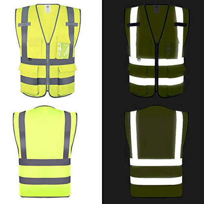 Dazonity High Visibility Safety Vest with Multi Pockets and Zipper, 10 Packs,Reflective Strips, Fit for Men & Women, Work, Construction,Cycling, Runnning, Surveyor, Volunteer (Yellow-M) - color: Yellow-m