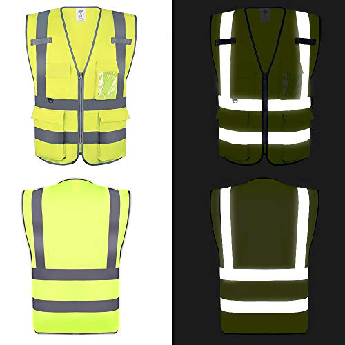 Dazonity High Visibility Safety Vest with Multi Pockets and Zipper, 10 Packs,Reflective Strips, Fit for Men & Women, Work, Construction,Cycling, Runnning, Surveyor, Volunteer (Yellow-L) - color: Yellow-l