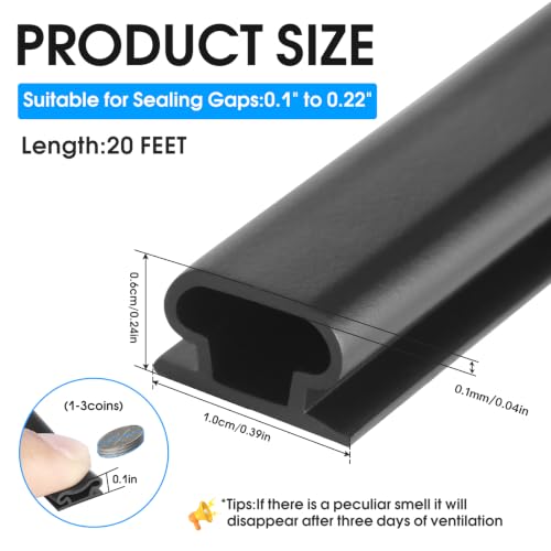 Weather Stripping Door Seal Strip, D-Shaped Self-Adhesive, Soundproof Blocks Cold Drafts & Dust, Black TPE 20Ft (3/8" W × 1/4" T) for Door Frames & Windows