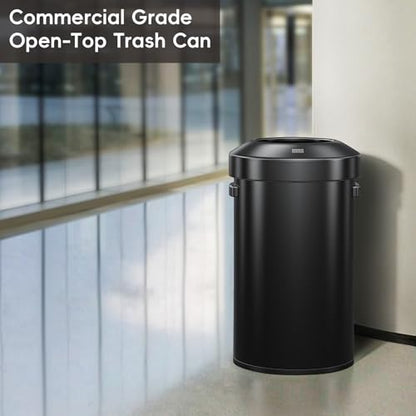 EKO 16-Gallon Round Black Stainless Steel Open Top Trash Can, Large Commercial Waste Bin with Detachable Lid and Carrying Handle, Brushed Metal Garbage Bin for Home, Office, Restaurant, Restroom - color: Matte Black, size: 60 Liter, Round