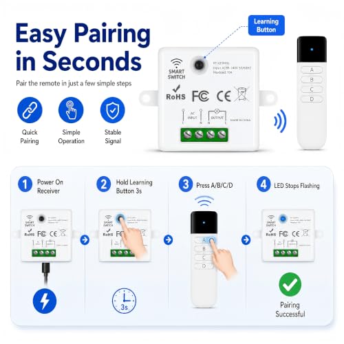 Wireless Light Switch Kit, 10A RF Remote, 2 Switches, 10 Receivers