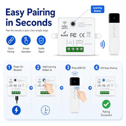 Wireless Light Switch Kit, 10A RF Remote, 2 Switches, 10 Receivers
