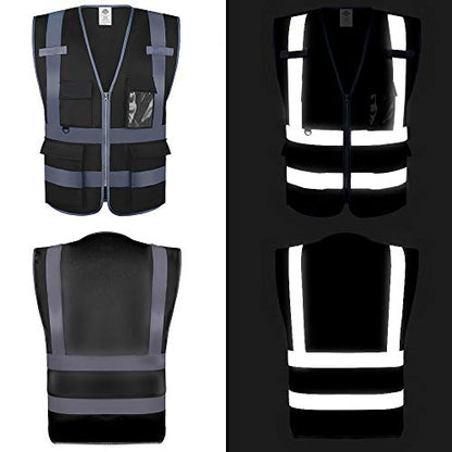 Dazonity High Visibility Safety Vest with Multi Pockets and Zipper, XL,Reflective Strips, Fit for Men & Women, Work, Construction,Cycling, Runnning, Surveyor, Volunteer (Black-XL) - color: Black-xl