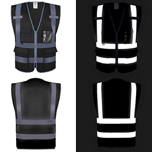 Dazonity High Visibility Safety Vest with Multi Pockets and Zipper, 2XL,Reflective Strips, Fit for Men & Women, Work, Construction,Cycling, Runnning, Surveyor, Volunteer (Black-2XL) - color: Black-2xl