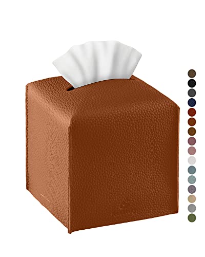 Tissue Box Cover, Jeethemy Square PU Leather Tissue Box Holder, Modern Tissue Case Facial Paper Organizer Dispenser，5X5X5'',Single Camel - color: Single Camel
