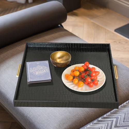 HofferRuffer Extra Large Square Serving Tray, Elegant Faux Leather Ottoman Tray with Gold Hardware Handles, Serve Tea, Coffee or Breakfast in Bed, 24 x 24 inches (Black Croco) - color: Black Croco, size: 24" x 24" x 2"