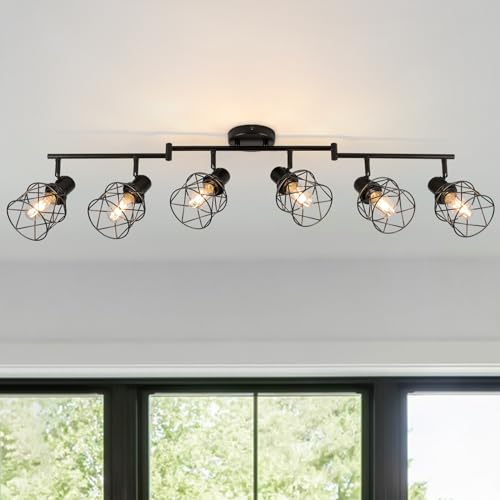 WILON Track Lighting Kit 6 Way Ceiling Spotlight-Industrial Flush Mount Ceiling Light Black Kitchen Ceiling Light Fixtures Kitchen Track Lighting Flexibly Rotatable Light Head E26 Base - color: Black, size: 6-Light-Cage
