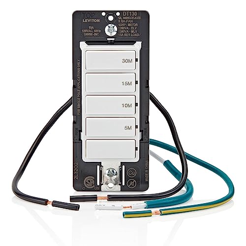 Leviton Countdown Timer Switch for bathroom fan and household lights, 5-10-15-30 min, No Neutral Required, Single Pole, 15A, 1/2 HP/9.8A Fan/Motor, DT130-1LW, White - size: 15 Amp