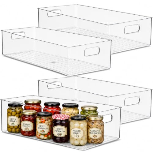 primebox Plastic Food Storage 4 Pack Clear Container Bin with Handles for Organizing Kitchen, Pantry, Refrigerator, Freezer, Pantry, Cabinet, Closet, Bathroom. 20”x8”x5” - size: 20x8x5