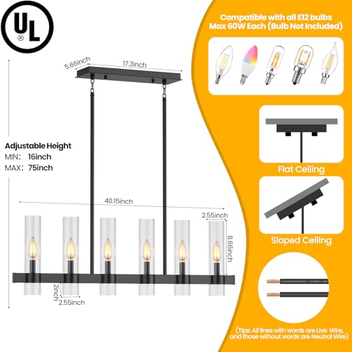 6-Light Linear Chandelier for Dining Room Clear Glass Shades Black