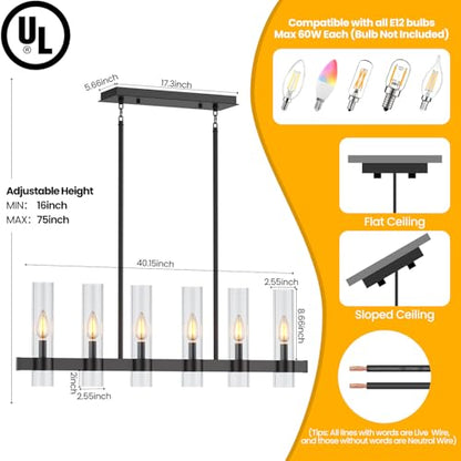 6-Light Linear Chandelier for Dining Room Clear Glass Shades Black