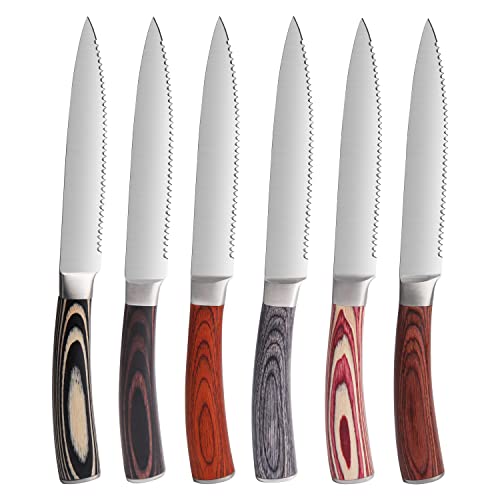 LUVCOSY Pakkawood Steak Knives Set of 6, 6PCS Set of Stainless Steel Serrated Steak Knives with Pakka Wood Handle, Fine Edge Dinner Knife Set with Gift Box for Home Party - color: Pakkawood Handle