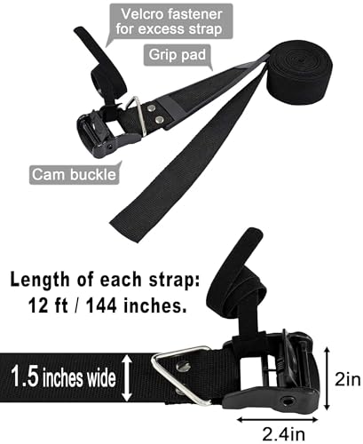 2 Pack 1.5in x 12ft Lashing Straps with Cam-Buckle and Grip-pad, Heavy Duty Cargo Tie-Downs, Multi-Purpose Cinch for Moving Straps - color: 2 Pack Lashing Straps
