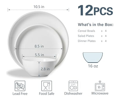 ONEMORE Plates and Bowls Set 12 Pcs,Stoneware Dinnerware Sets for 4 Microwavable,Oven & Dishwasher Safe Porcelain,Scratch Resistant Dishes Set,White - color: White