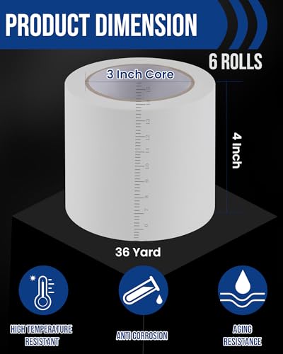 Lichamp 6 Rolls Vinyl Tape, 4" x 36 Yards per Roll, 216 Total Yards, White - color: White