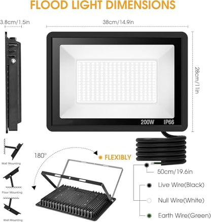 XYCN 200W LED Flood Light(3 Pack), Super Bright 22500lm Security Lights, IP66 Waterproof Outdoor Flood Light, 5000K Daylight Floodlight for Yard, Garden,Basketball Court, Arena - color: 200W 3pack led flood light