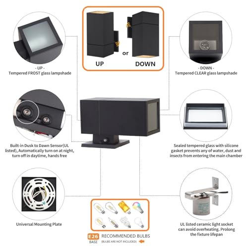 Dusk to Dawn Outdoor Wall Lantern, Waterproof Exterior Lighting - color: Rectangle (Black A-Dusk to Dawn)