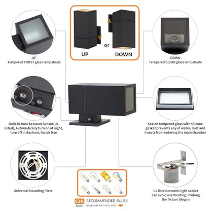 Dusk to Dawn Outdoor Wall Lantern, Waterproof Exterior Lighting - color: Rectangle (Black A-Dusk to Dawn)