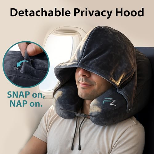 FLOWZOOM Air Inflatable Neck Pillow for Traveling on Plane - H-Shape Hooded Airplane Pillow with 5 Snooze Modes, Fast Inflation, Pressure Control, Cozy Clip-On Hood & Plushy Cover - Size L, Jet Black - color: Jet Black