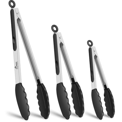 HOTEC Stainless Steel Kitchen Tongs with Silicone Tips, Set of 3-7",9" &12" - color: Black:12+9+7inch