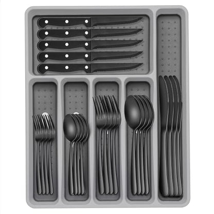 49-Piece Black Silverware Set with Organizer, Heavy Duty Stainless Steel Flatware for 8, Cutlery Utensil Sets with Steak Knives, Rust-proof, Mirror Polished, Dishwasher Safe, Black Heavy Duty - style: Black Heavy Duty