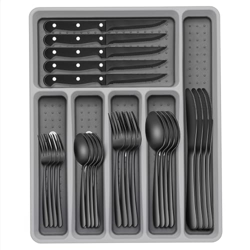 49-Piece Black Silverware Set with Organizer, Heavy Duty Stainless Steel Flatware for 8, Cutlery Utensil Sets with Steak Knives, Rust-proof, Mirror Polished, Dishwasher Safe, Black Heavy Duty - style: Black Heavy Duty