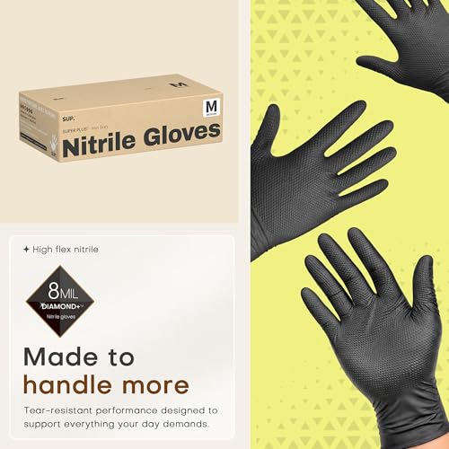 SUPER+ Disposable Nitrile Gloves, 8 Mil Diamond Powder-Free Latex-Free Food Safe Chemical Resistant Heavy Duty, Black 500 Ct - color: Medium (Black)