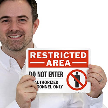 SmartSign 7 x 10 inch “Restricted Area - Do Not Enter, Authorized Personnel Only” Sticker Label with Symbol, 3 mil Laminated Adhesive Polyester, Red, White and Black, Made in USA - style: 7" x 10" - Vinyl
