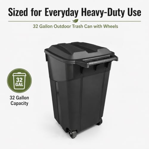 32 Gallon Outdoor Trash Can with Attached Lid Wheeled Heavy-Duty