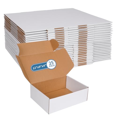 Fishat 12" x 9" x 4" White Corrugated Cardboard Shipping Boxes Set of 25 - size: 12" x 9" x 4"