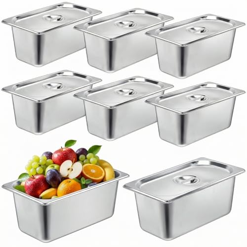 8 Pack Stainless Steam Hotel Pan 6 Deep Steam Table Pan with Lid 0.8 mm Thick Stainless Steel Restaurant Anti Clogging Steamer for Party, Restaurant, Hotel(1/3 Size) - size: 1/3 Size
