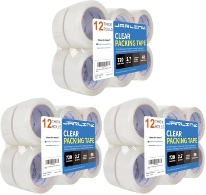 JARLINK Clear Packing Tape (12 Rolls), Heavy Duty Packaging Tape for Shipping Packaging Moving Sealing, 2.7mil Thick, 1.88 inches Wide, 60 Yards Per Roll, 720 Total Yards (Pack of 3) - size: 12 Rolls (2.7mil / 60 yd) (Pack of 3)