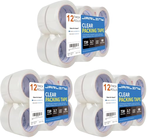 JARLINK Clear Packing Tape (12 Rolls), Heavy Duty Packaging Tape for Shipping Packaging Moving Sealing, 2.7mil Thick, 1.88 inches Wide, 60 Yards Per Roll, 720 Total Yards (Pack of 3) - size: 12 Rolls (2.7mil / 60 yd) (Pack of 3)