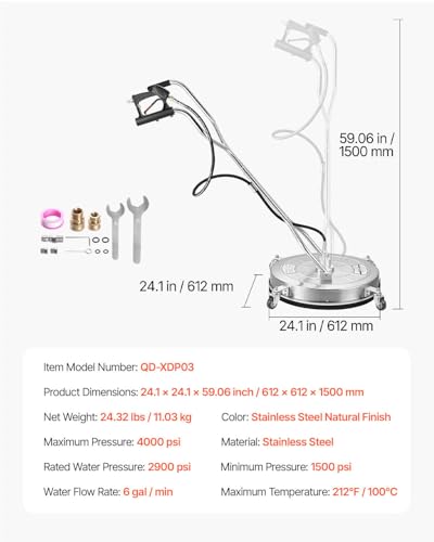 VEVOR 24 Inch Pressure Washer Surface Cleaner, 4000 PSI Stainless Steel Attachment with 4 Wheels, 2 Nozzles, 3/8 Inch Quick Connect and Dual Handle for Concrete, Patio, Sidewalk - size: 24 Inch w/ Handle & Wheels