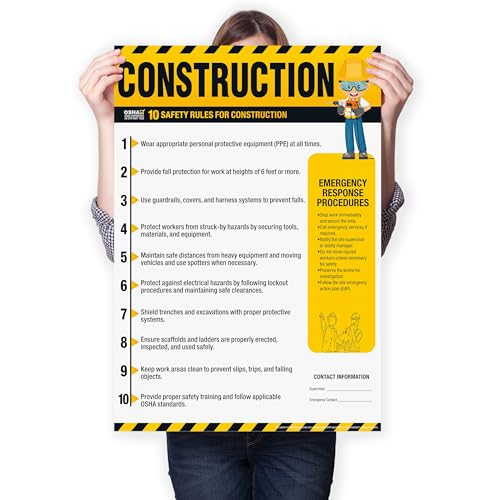 Construction Safety Rules Poster, 18"x24" OSHA Compliant Construction Safe Rules Checklist Guidelines Sign, Safety Awareness Poster for Workplace, Waterproof, Tear-resistant - size: Construction
