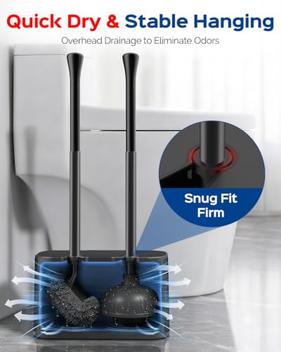 HAMITOR Toilet Bowl Brush and Plunger Set: 2-in-1 Hidden Holder Design - color: Black