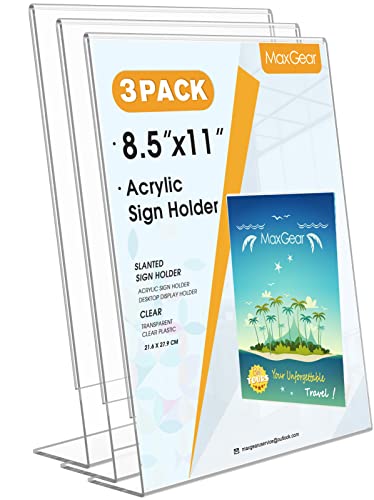 MaxGear Acrylic Sign Holder, 8.5 x 11 L-Shape Plastic Display Stand, 3 Pack