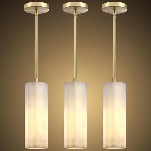 3 Pack 1 Light Hanging Kitchen Island Natural Polyhedral Alabaster Marble Pendant Ceiling Light Fixture,Modern Industrial Farmhouse Light Gold Finish Over Sink Restaurant bar Corridor - color: Gold 3.6" Round Marble, size: 3 Pack