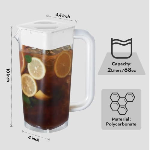 CURTA 2 Pack Plastic Pitcher with Lid, 2L Heavy-Duty Shatterproof Pitchers Clear Water Pitcher with Handle for Lemonade, Coffee,Iced Tea, Milk, Juice, Beverages - color: White & Brown