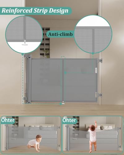 Miumoon 59 inch Reinforced Retractable Baby Gates 34 inch Tall - color: Gray, size: 34" Tall x 59" Wide